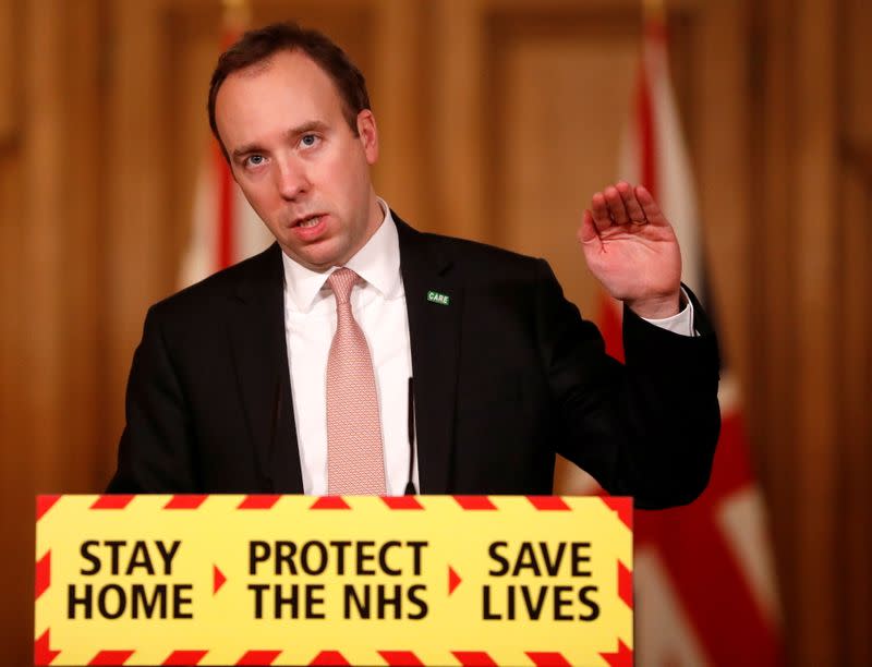 Britain's Health Secretary Matt Hancock, speaks at a coronavirus disease (COVID-19) related news conference inside 10 Downing Street in London