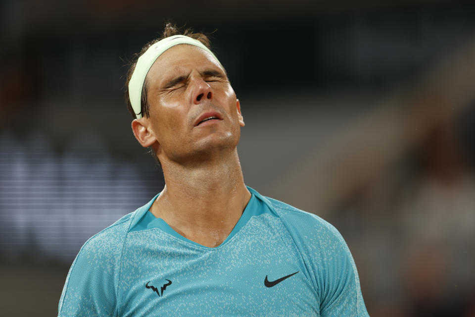 Spain's Rafael Nadal reacts as he plays against Germany's Alexander Zverev during their first round match of the French Open tennis tournament at the Roland Garros stadium in Paris, Monday, May 27, 2024. (AP Photo/Jean-Francois Badias)