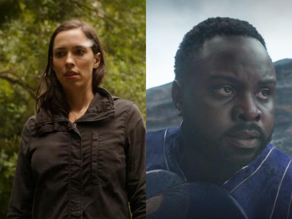 Rebecca Hall as Dr Ilene Andrews in "Godzilla vs. Kong" and Brian Tyree Henry as Phastos in "Eternals."