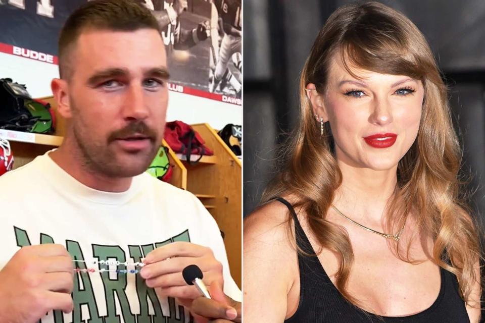 <p>Chiefs/TikTok; James Devaney/GC Images</p> Travis Kelce and Taylor Swift