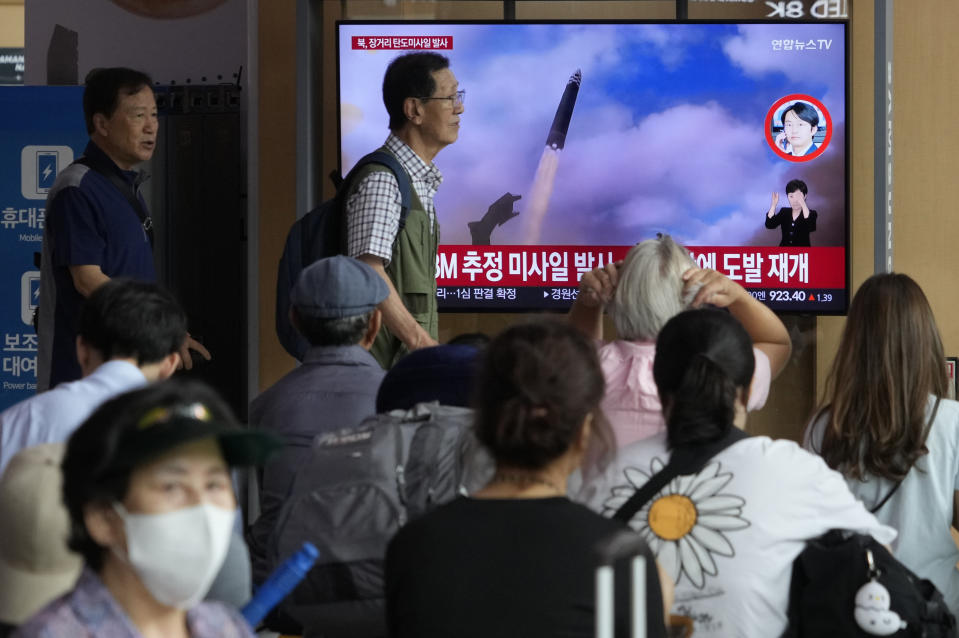 A TV screen shows a file image of North Korea's missile launch during a news program at the Seoul Railway Station in Seoul, South Korea, Wednesday, July 12, 2023. North Korea launched a long-range ballistic missile toward its eastern waters Wednesday, its neighbors said, two days after the North threatened "shocking" consequences to protest what it called a provocative U.S. reconnaissance activity near its territory. (AP Photo/Ahn Young-joon)