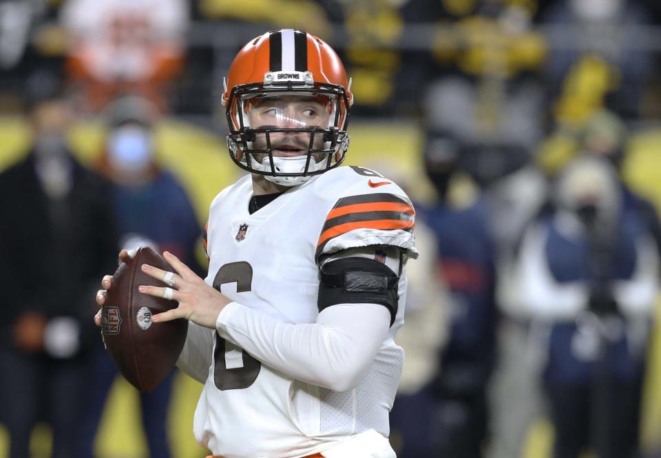 Jan 3, 2022; Pittsburgh, Pennsylvania, USA;  Cleveland Browns quarterback Baker Mayfield (6) looks to pass against the Pittsburgh Steelers during the first quarter at Heinz Field. Mandatory Credit: Charles LeClaire-USA TODAY Sports