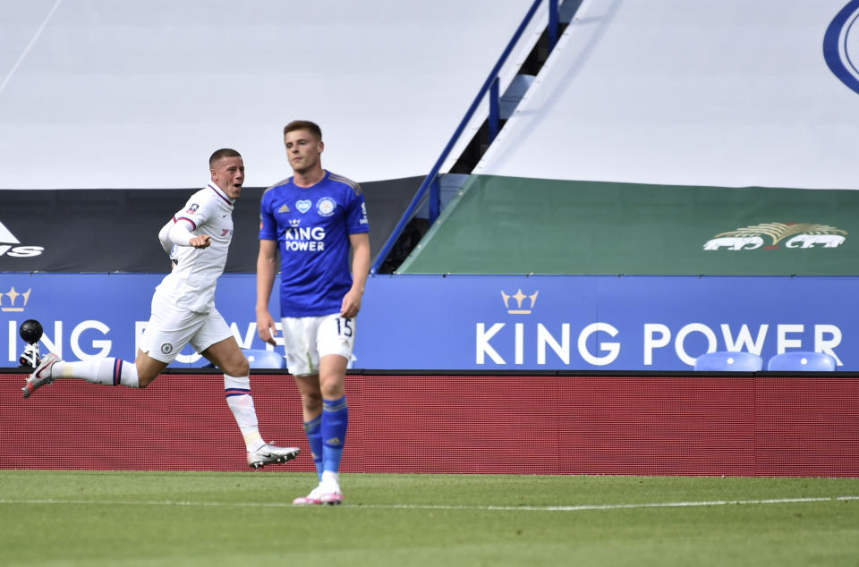 Chelsea's Ross Barkley, left, celebrates after scoring his side's opening goal during the FA Cup sixth round soccer match between Leicester City and Chelsea at the King Power Stadium in Leicester, England, Sunday, June 28, 2020. (AP Photo/Rui Vieira, Pool)