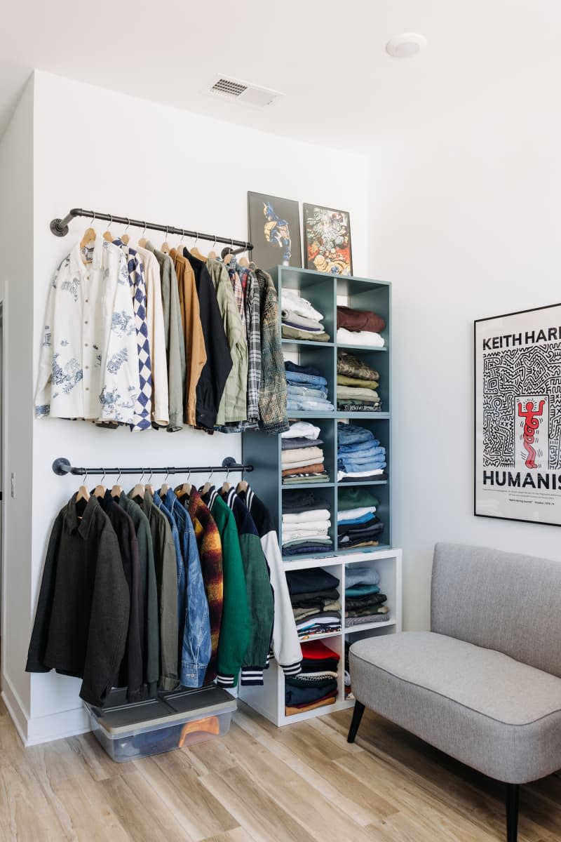 Wall mounted clothing racks and modular shelves with clothes