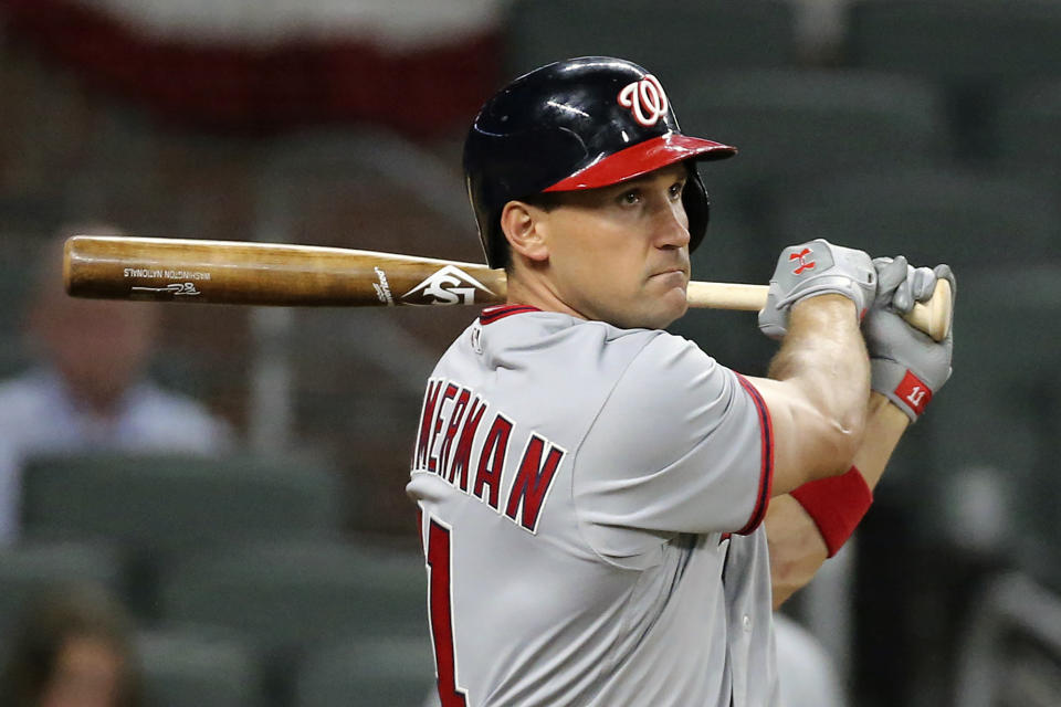 FILE - In this April 19, 2017, file photo, Washington Nationals' Ryan Zimmerman watches his grand slam off Atlanta Braves pitcher Ian Krol during the eighth inning of a baseball game in Atlanta. Zimmerman has been offering his thoughts, as told to AP in a diary of sorts, while waiting for baseball to return. (Curtis Compton/Atlanta Journal-Constitution via AP, File)
