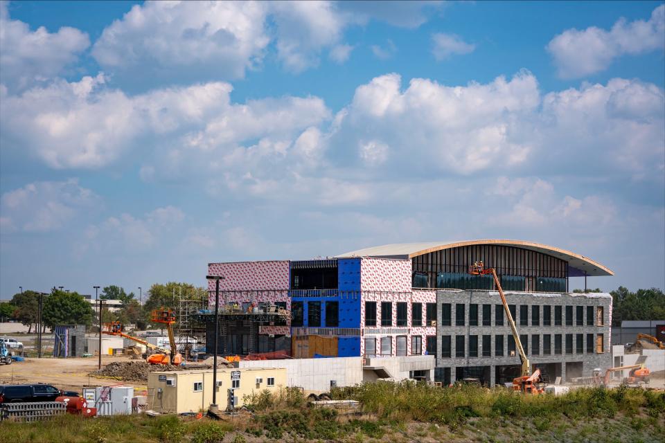 Crews work on the new West Bank headquarters at 3330 Westown Parkway in West Des Moines on Tuesday, Aug. 29, 2023.