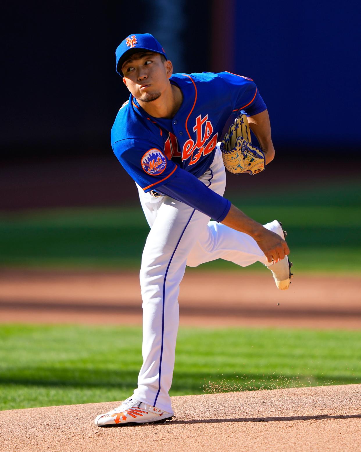Sep 14, 2023; New York City, New York, USA; New York Mets pitcher Kodai Senga (34) delivers a pitch against the Arizona Diamondbacks during the first inning at Citi Field. Mandatory Credit: Gregory Fisher-USA TODAY Sports