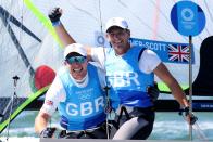 <p>Britain’s Stuart Bithell and Dylan Fletcher secured Olympic gold in the Men’s Skiff 49er, but it was a close call as they crossed the finish line just half a boat length sooner than Germany.</p>