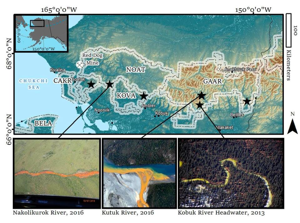 Map of locations and three images of orange rivers in Alaska