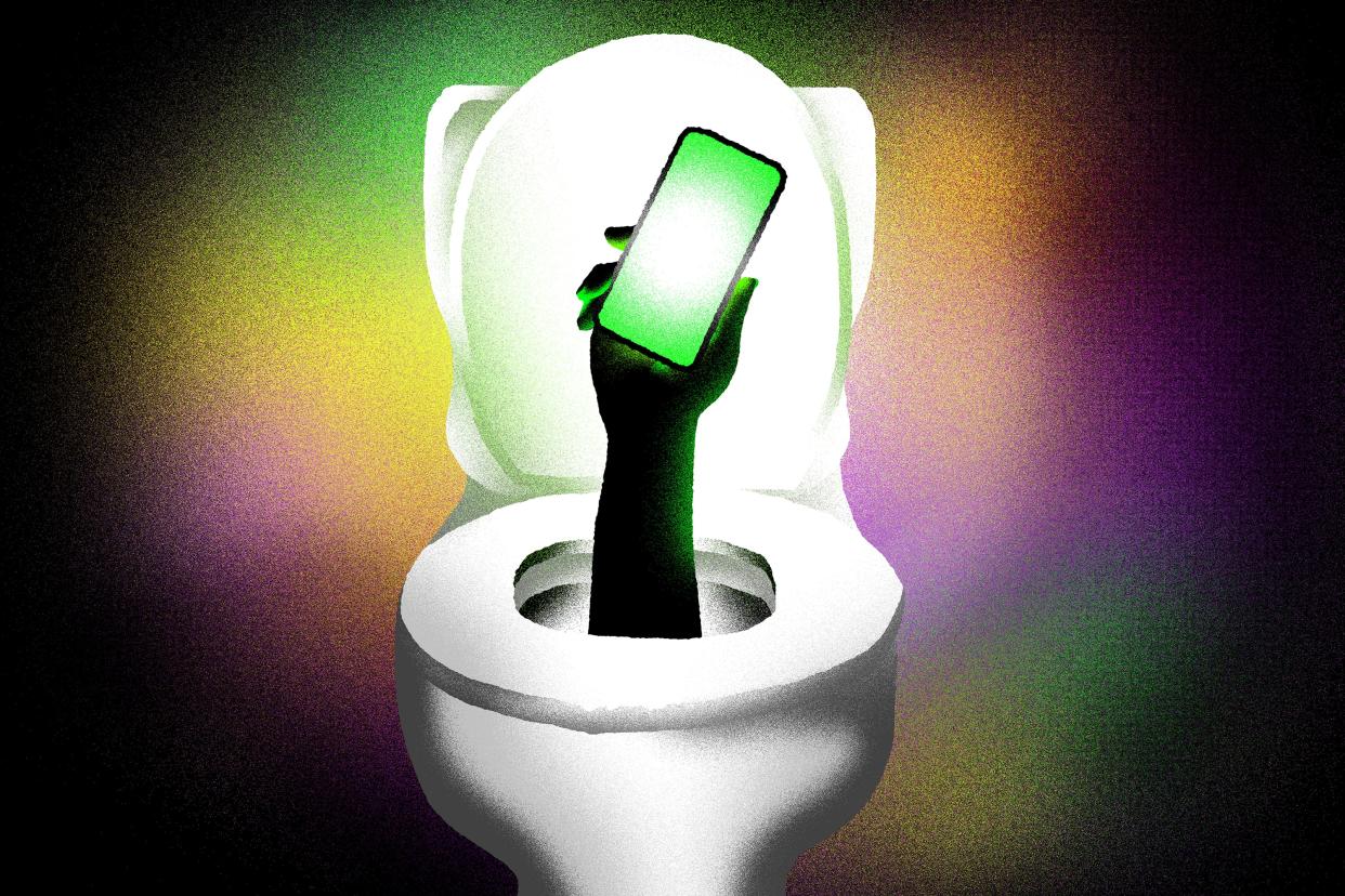 An illustration shows a hand holding a smartphone sticking up out of a toilet.