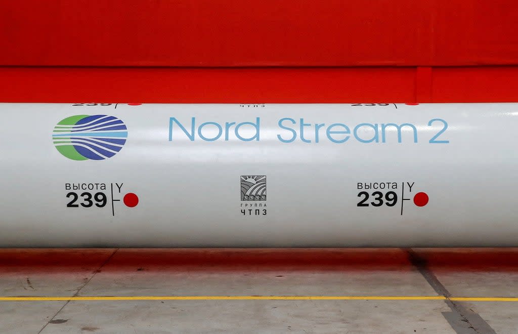 File photo: The logo of the Nord Stream 2 gas pipeline project is seen on a large-diameter pipe in Chelyabinsk, Russia, 26 February 2020 (REUTERS)