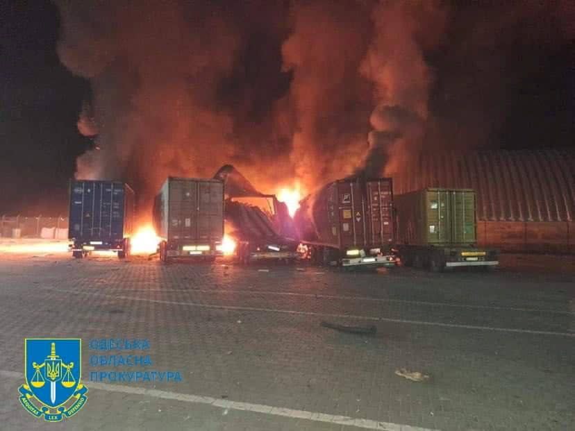 A port building, storage facilities and more than 30 trucks and cars were damaged in the attack (Odesa Regional Prosecutor’s Office/REUTERS)