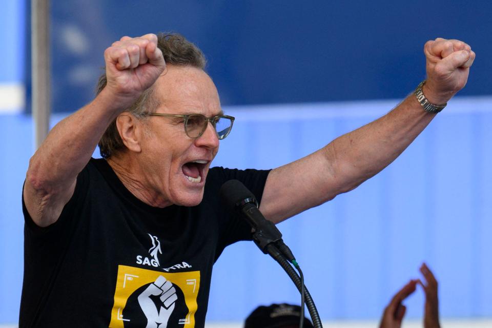 Actor Bryan Cranston speaks during the SAG-AFTRA "Rock The City For A Fair Contract" strike rally at Times Square on July 25, 2023, in New York City.