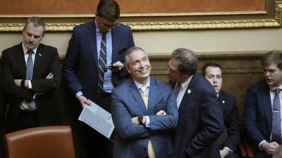 Sen. Daniel McCay, R-Riverton, waits for voting on a bill to change Utah's state flag passed on the House floor Thursday, March 2, 2023, at the Utah State Capitol, in Salt Lake City. McCay also sponsored a measure to ban abortion clinics that advanced through the Senate. A proposal to ban abortion clinics in Utah and have them provided exclusively at hospitals passed the Utah Legislature. It now heads to Gov. Spencer Cox's desk. (AP Photo/Rick Bowmer)