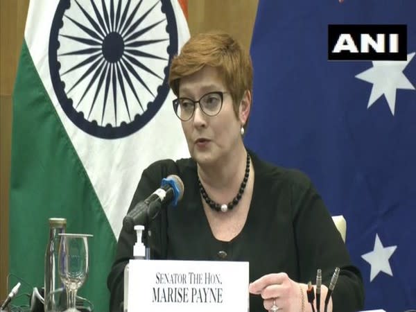 Australian Foreign Minister Marise Payne speaking at the India-Australia 2+2 Ministerial Dialogue between the nations' foreign and defense ministers. 