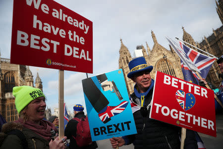 Anti-Brexit demonstrators protest outside the Houses of Parliament, in Westminster, London, Britain, February 13, 2019. REUTERS/Hannah McKay