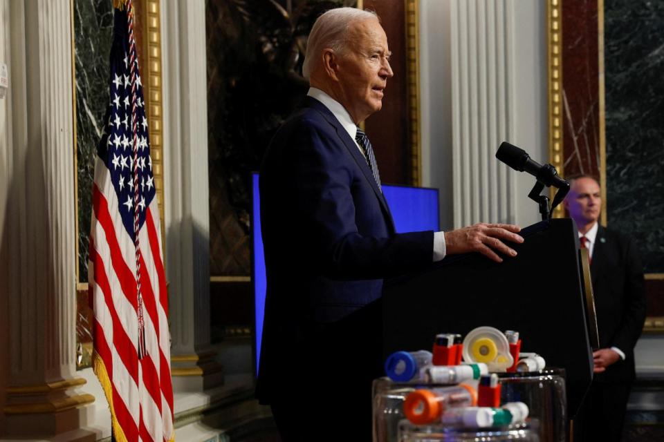 PHOTO: President Joe Biden delivers remarks on lowering healthcare costs next to inhalers on display, in the Indian Treaty Room of the Eisenhower Executive Office building, at the White House complex in Washington, April, 3, 2024. (Evelyn Hockstein/Reuters)