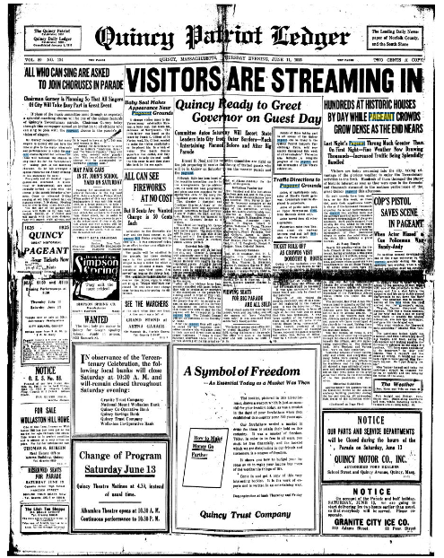 The front page of the Quincy Patriot Ledger's June 11, 1925, edition is devoted to the city's tricentennial celebration.