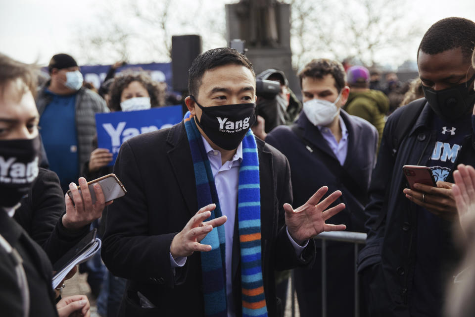 Andrew Yang takes questions from the press after he announced his run for New York City Mayor during a press conference in Morningside Park on Thursday, Jan. 14, 2021, in New York. (AP Photo/Kevin Hagen)