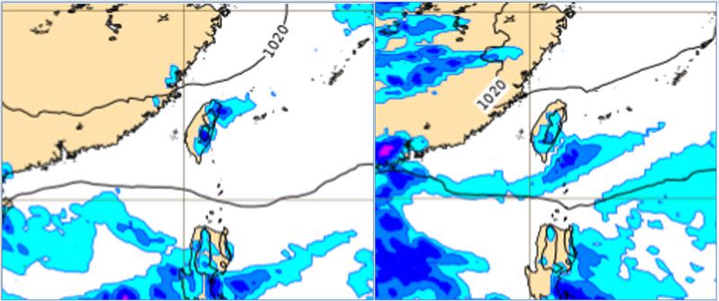 歐洲(ECMWF)模式，6日20時地面模擬圖顯示，東北風南下、6日傍晚起北台灣有少量降雨(左圖)；7日20時的地面模擬圖則顯示，7日白天起水氣逐漸減少，大台北、東半部降雨機率依序降低(右圖)。