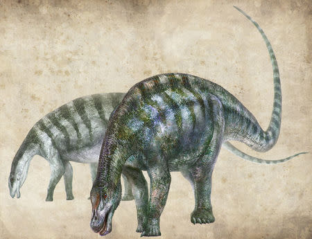 An artist's rendering of Lingwulong shenqi, a newly discovered dinosaur unearthed in northwestern China, appears in this image provided July 24, 2018. Zhang Zongda/Handout via REUTERS