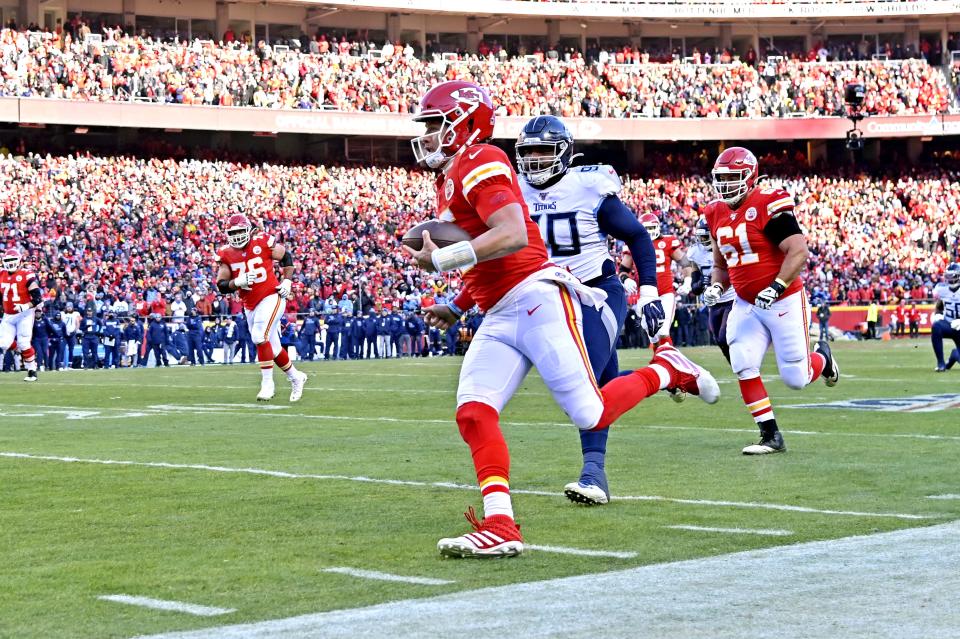 Patrick Mahomes is showing off his wheels this postseason, rushing for 53 yards in each of his two playoff wins this month. (Jeff Curry-USA TODAY Sports)