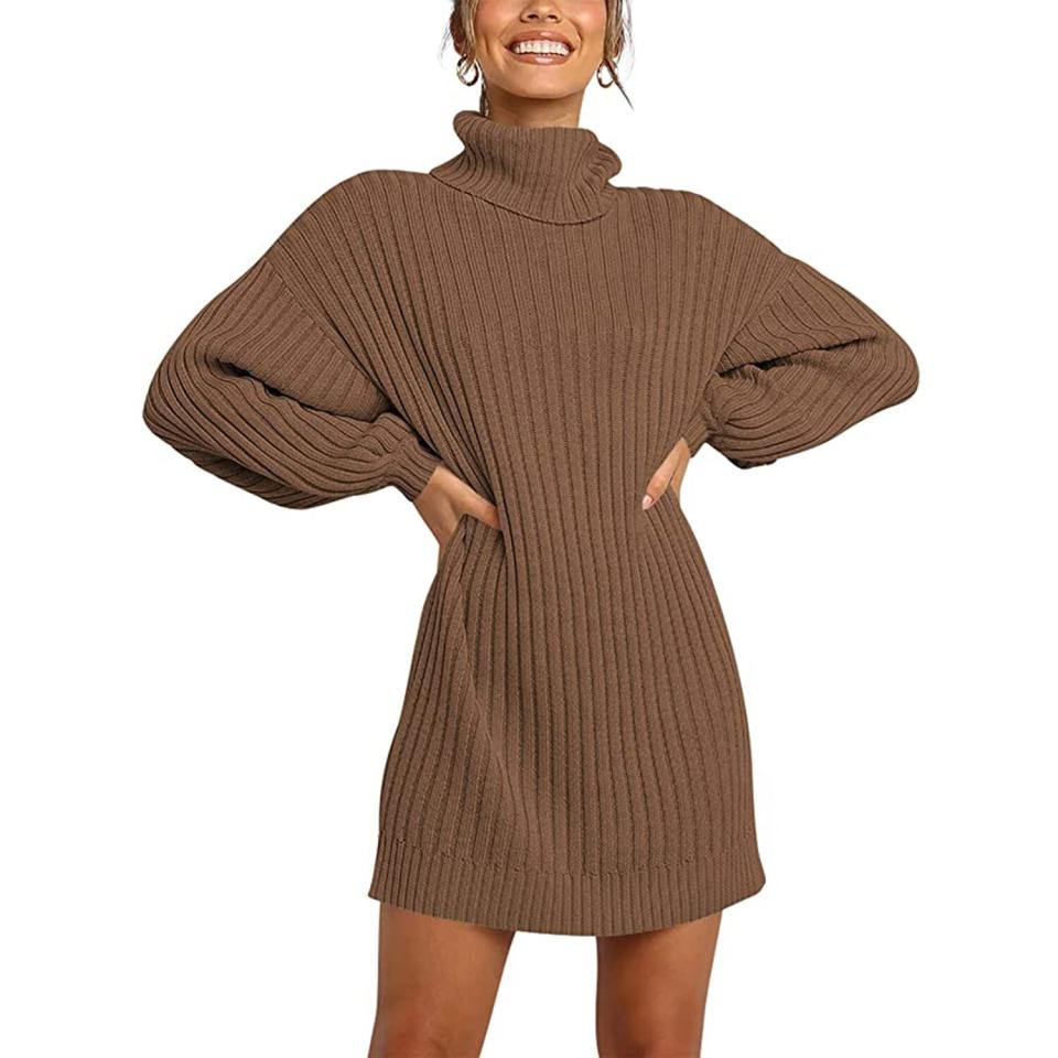 ANRABESS Women Turtleneck Long Lantern Sleeve Casual Loose Oversized Sweater Dress