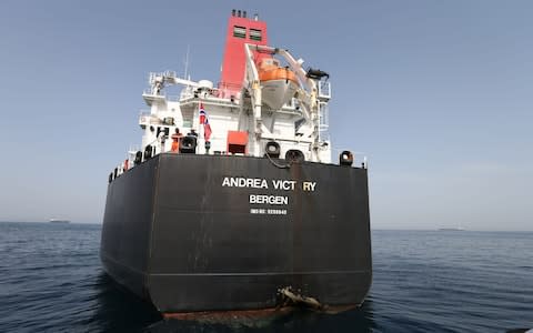 The Norwegian-flagged MV Andrea Victory was attacked on 12 May 2019 outside Fujairah port, United Arab Emirates - Credit: &nbsp;ALI HAIDER/EPA-EFE/REX