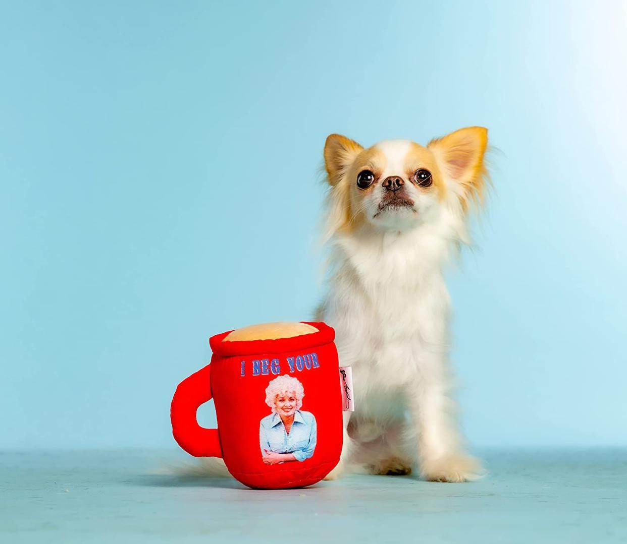 Small dog standing next to a Dolly Parton branded dog toy mug