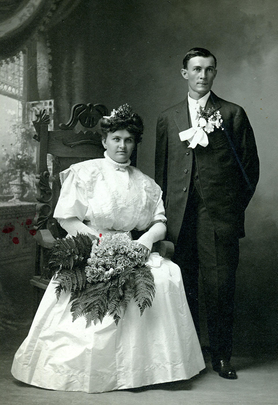 <p>The earliest photographs of people smiling do, in fact, predate the images in the exhibit, but for wedding photographs it was commonplace for people to look stoic — perhaps for technical reasons, as images had to be shot on long exposures. (Pictured: Vintage wedding portraits from “I Do, I Do” exhibit) </p>