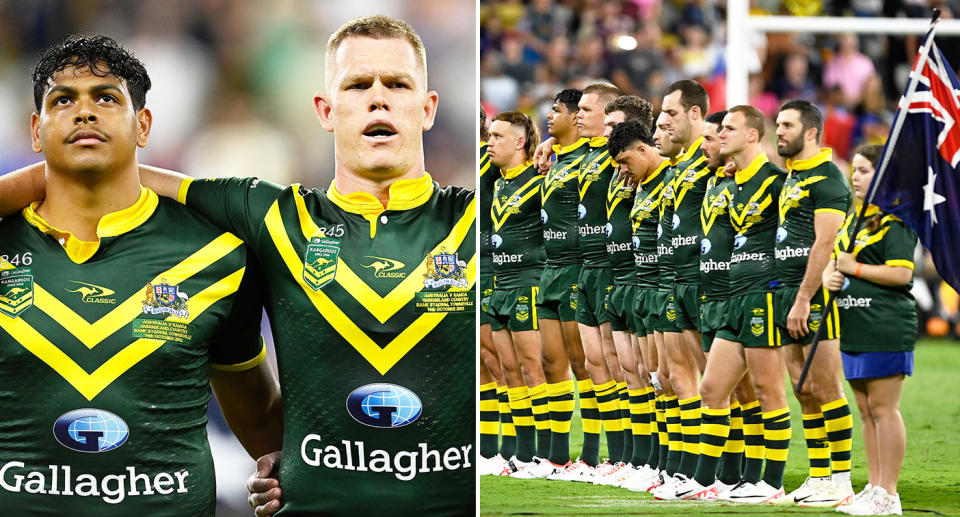 Seen here, Kangaroos players stand together during the Australian national anthem.