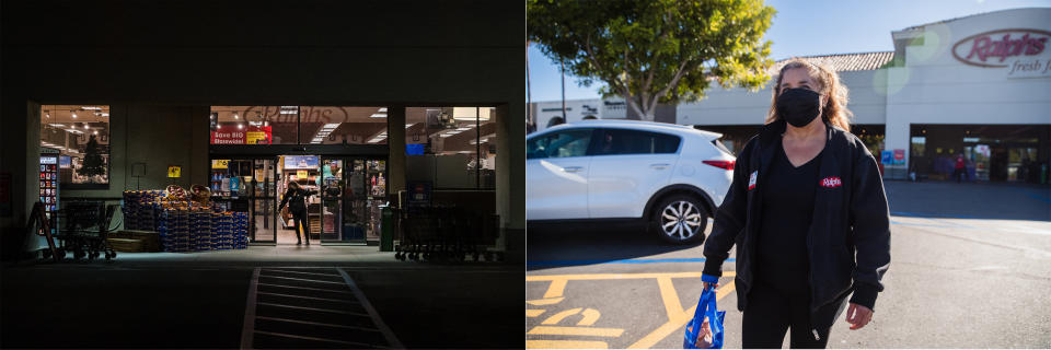 Salorio, a front-end manager, closes the doors at the beginning of her 1 a.m. work shift in San Diego on Dec. 21. At right, Salorio leaves Ralphs after working 10&frac12; hours. (Photo: Ariana Drehsler for HuffPost)