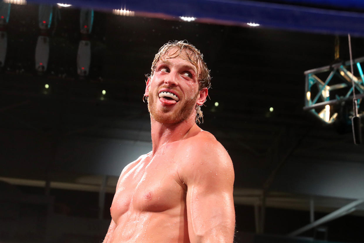 MIAMI GARDENS, FLORIDA - JUNE 06: Logan Paul reacts during his exhibition boxing match against Floyd Mayweather at Hard Rock Stadium on June 06, 2021 in Miami Gardens, Florida. (Photo by Johnny Nunez/Getty Images)