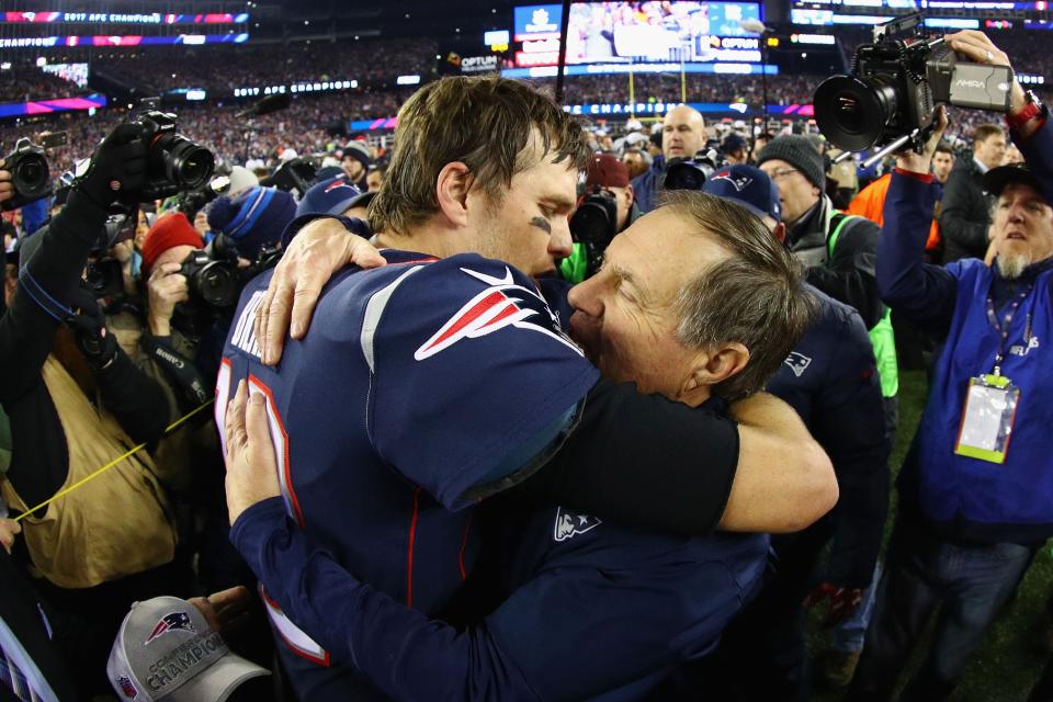 FOXBOROUGH, MA - JANUARY 21:  Tom Brady #12 of the New England Patriots celebrates with head coach Bill Belichick after winning the AFC Championship Game against the Jacksonville Jaguars at Gillette Stadium on January 21, 2018 in Foxborough, Massachusetts.  (Photo by Maddie Meyer/Getty Images)