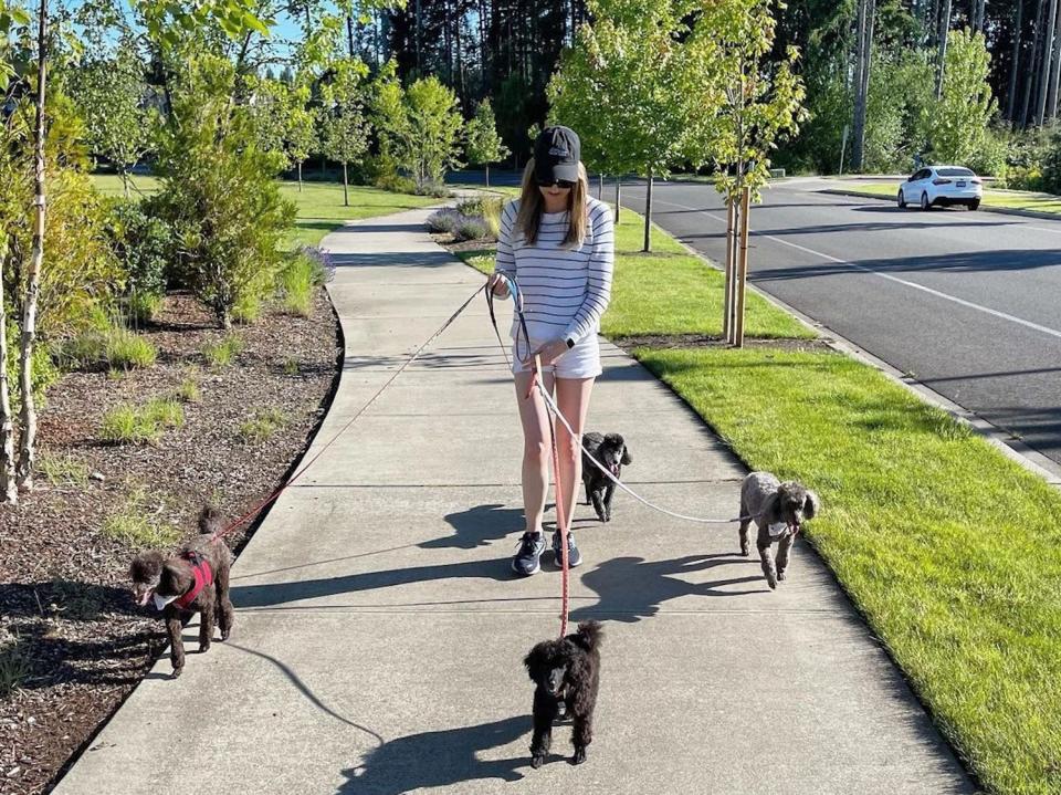 Jennifer walking her own poodles.