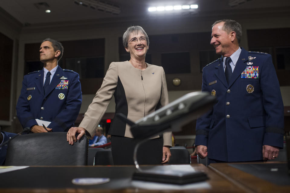 <span class="s1">Air Force brass Heather Wilson, center, and Gen. David L. Goldfein, right, prepare for a hearing on on the Defense Authorization Request for Fiscal Year 2018 and the Future Years Defense Program in June 2017. (Photo: Tom Williams/CQ Roll Call)</span>