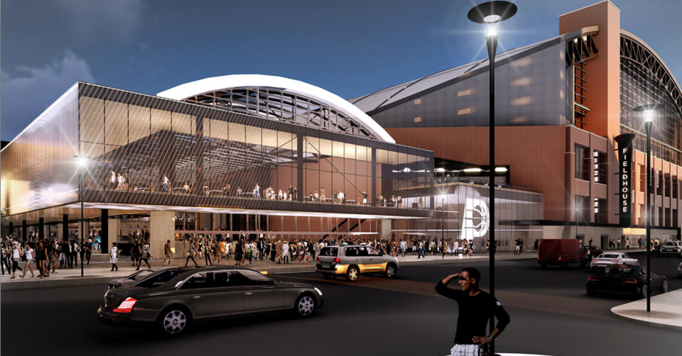 This rendering provided by the Indiana Pacers, shows renovations and expansion of the NBA basketball team's downtown arena in Indianapolis. The Pacers will stay in Indianapolis for 25 more years in a deal that includes $295 million in public subsidies. The Marion County Capital Improvement Board voted Friday, April 12, 2019, in favor of the agreement. (Indiana Pacers via AP)