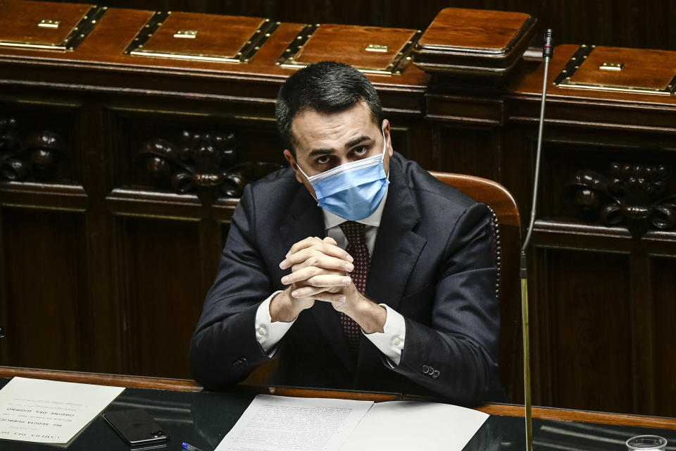 Italian Foreign Minister Luigi Di Maio addresses the Lower Chamber of Parliament on Monday's killing in the Democratic Republic of Congo of the Italian ambassador Luca Attanasio, an Italian Carabinieri police officer and their driver, in Rome, Wednesday, Feb. 24, 2021. (Filippo Monteforte/Pool Photo via AP)