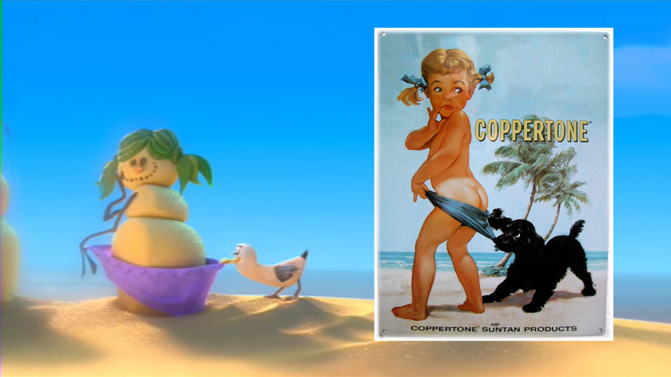 Coppertone sunscreen girl: One of the sand snowmen seen during ‘In The Summer’ is having its towel tugged out by a seagull, just like the famous Coppertone ad.