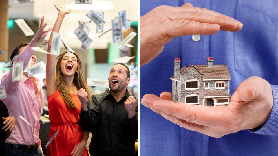 A group of people celebrating with money flying in the air on the left, and a person holding a model house in their hand on the right. 