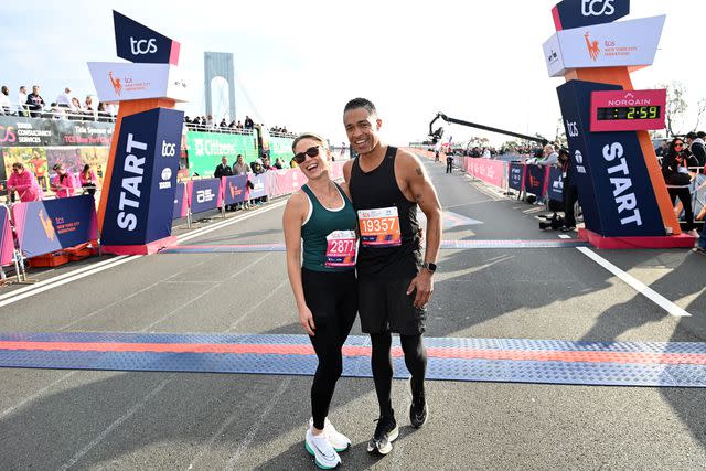 <p>Bryan Bedder/New York Road Runners via Getty</p> Amy Robach and T.J. Holmes pose for an image at the 2023 TCS New York City Marathon