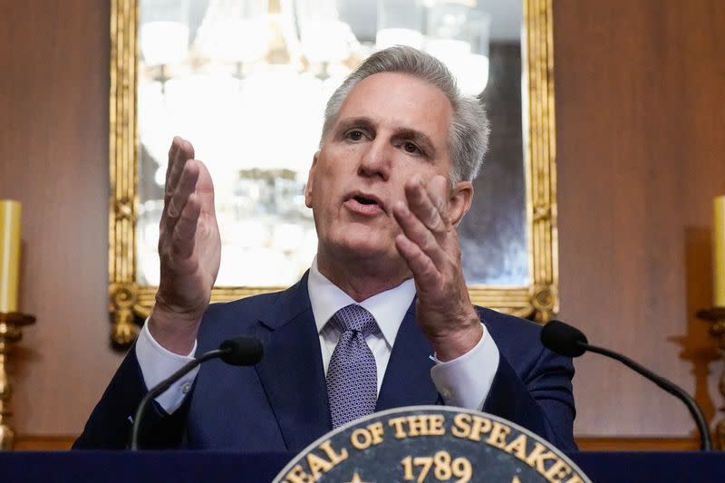 U.S. House Speaker Kevin McCarthy speaks to reporters in the U.S. Capitol after the House of Representatives passed a stopgap government funding bill to avert an immediate government shutdown, on Capitol Hill