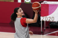 Canada forward Natalie Achonwa grabs a rebound during a women's basketball practice at the 2020 Summer Olympics, Saturday, July 24, 2021, in Saitama, Japan. (AP Photo/Charlie Neibergall)