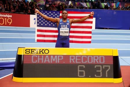 Athletics - IAAF World Indoor Championships 2018 - Arena Birmingham, Birmingham, Britain - March 3, 2018 Christian Coleman of the U.S. celebrates winning the Men's 60m Final Action Images via Reuters/John Sibley