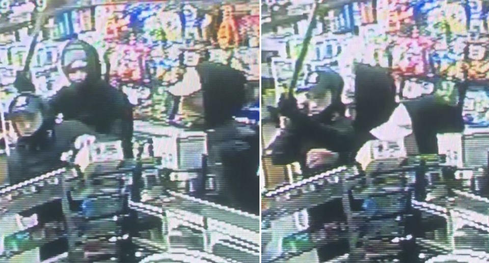 Three men used a pole to hold up the convenience store in Dandenong. Source: Vic Police