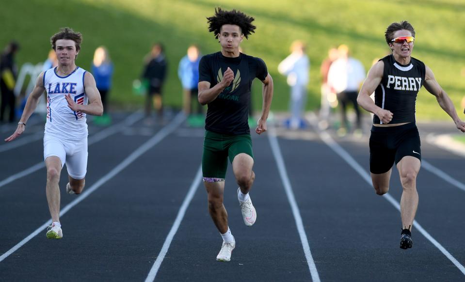 GlenOak's Ryder Greenwood wins the boys 100-meter dash at last week's Federal League Championships Track and Field Championships.