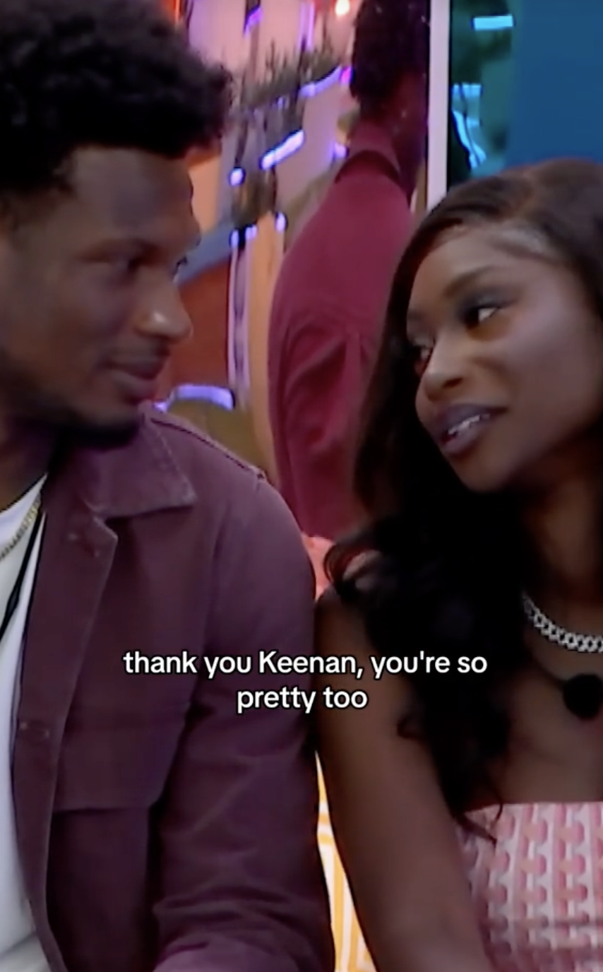 Close-up of Keenan and Kay Kay looking at each other with caption "Thank you Keenan, you're so pretty too"