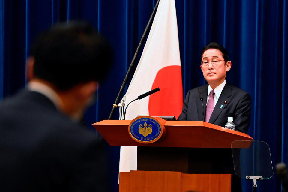 Japan's Prime Minister Fumio Kishida attends a press conference in Tokyo, Japan, on December 16, 2022, addressing some topics such as National Security Strategy, political and social issues facing Japan in today's World crisis. David Mareuil/Pool via REUTERS