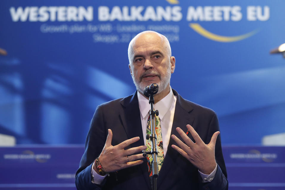 Albania's Prime Minister Edi Rama speaks during doorstep statements, prior to the Western Balkans meets EU, Growth plan for WB - Leaders meeting, in Skopje, North Macedonia, on Monday, Jan. 22, 2024. (AP Photo/Boris Grdanoski)