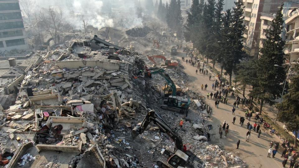 Aerial photo showing collapsed buildings in Kahramanmaras, southern Turkey (IHA)